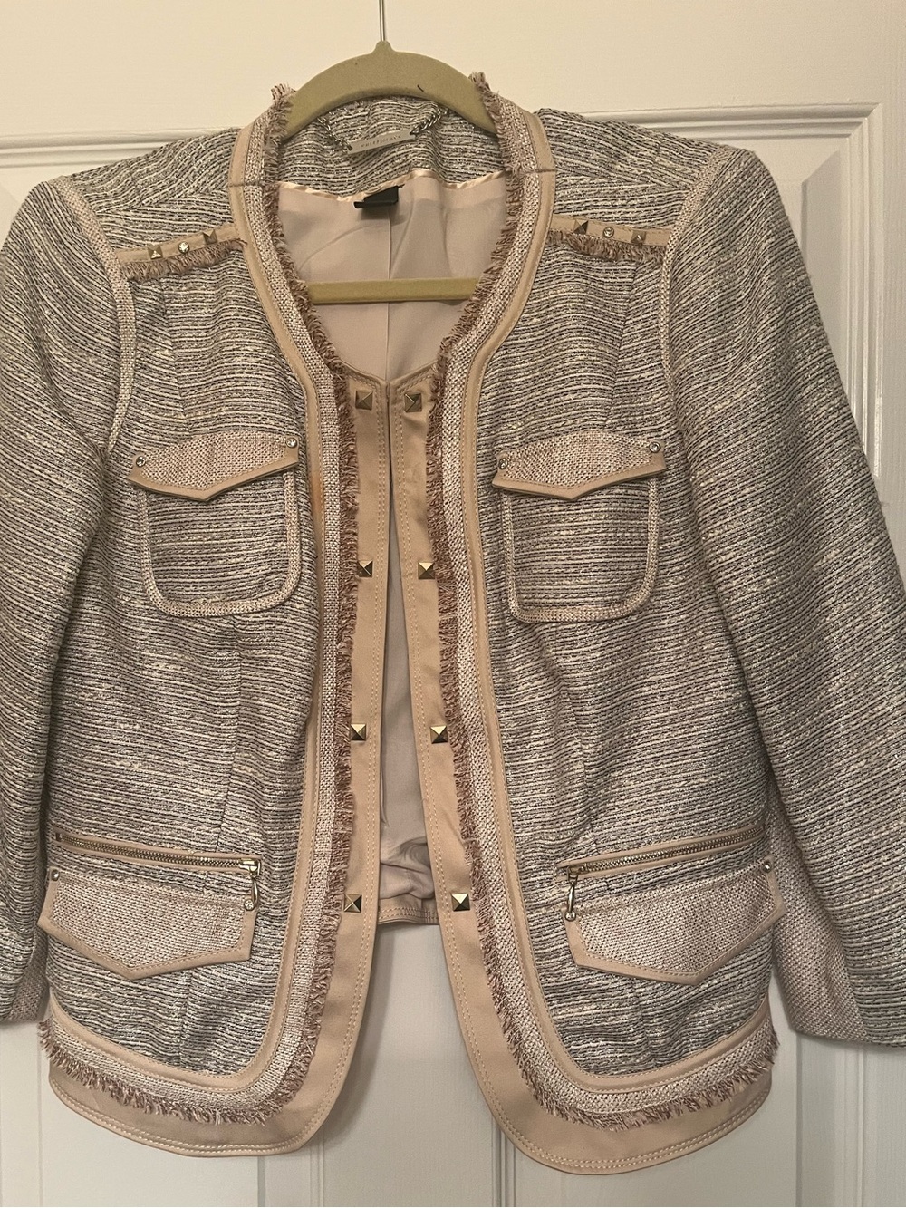 White House Black Market Women’s Beige Tweed Jacket with Stud Detail